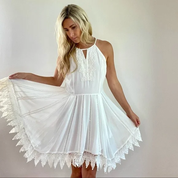 Greylin White Asymmetrical Lace Trim Dress Large - Picture 13 of 15